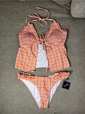 Zaful Orange Plaid Ruffle Tie-Front Bikini Set